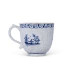 Early Lowestoft porcelain cup, the body moulded with lattice and flower heads encompassing blue