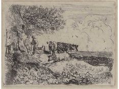 John Crome (British, 1768-1821) 'A composition, men and cows.', Etching on paper. 3x4ins, mounted,