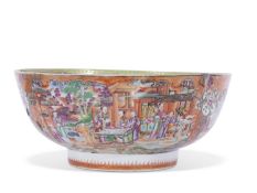 Large 18th century Qianlong period Mandarin style pattern punch bowl, 28cm diam (some repair)