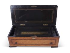 Large Swiss music box veneered with birds eye maple and decorated with central inlaid star, the