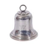 Unusual George V silver encased desk inkwell in the form of a bell, the hinged lid having ringlet