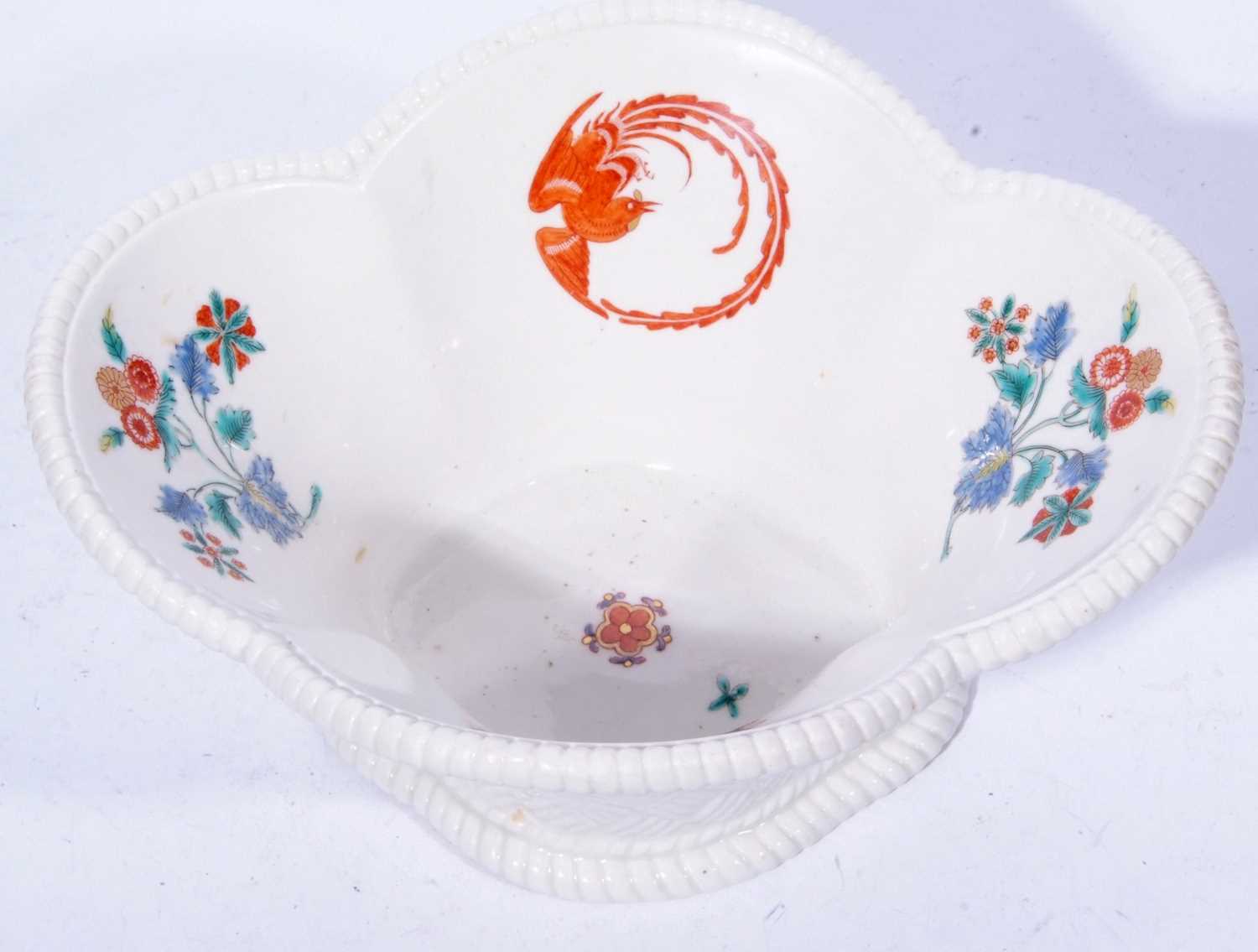 Very rare Chelsea raised anchor period quatrefoil basket decorated to the interior with a Kakiemon - Image 4 of 7