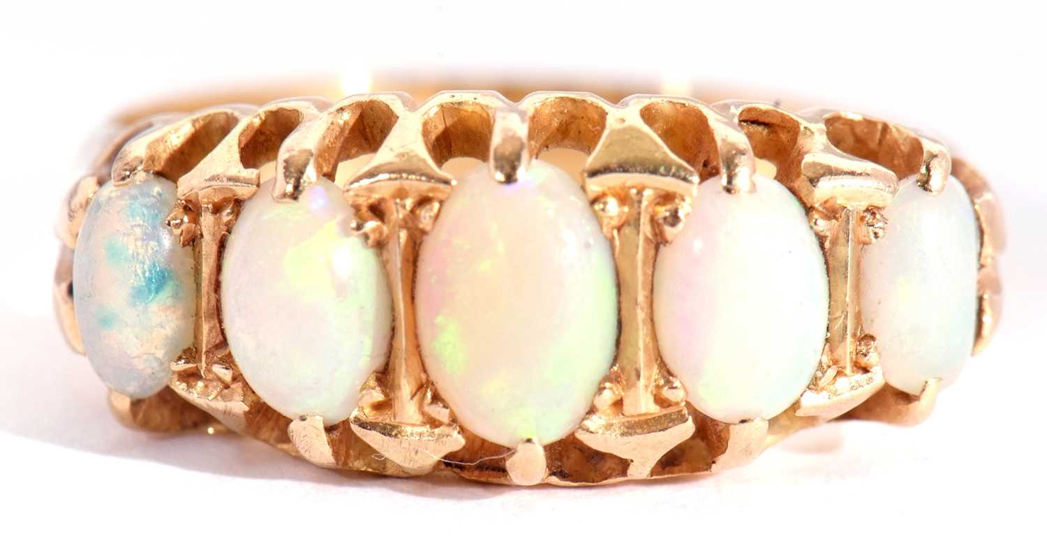 18ct gold five stone opal ring featuring five graduated oval cut cabochon opals, individually claw - Image 3 of 13