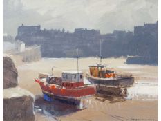 Derek Williams RBSA FRSA (British 1932-2009), Fishing boats beached , Oil on panel, signed. 12.