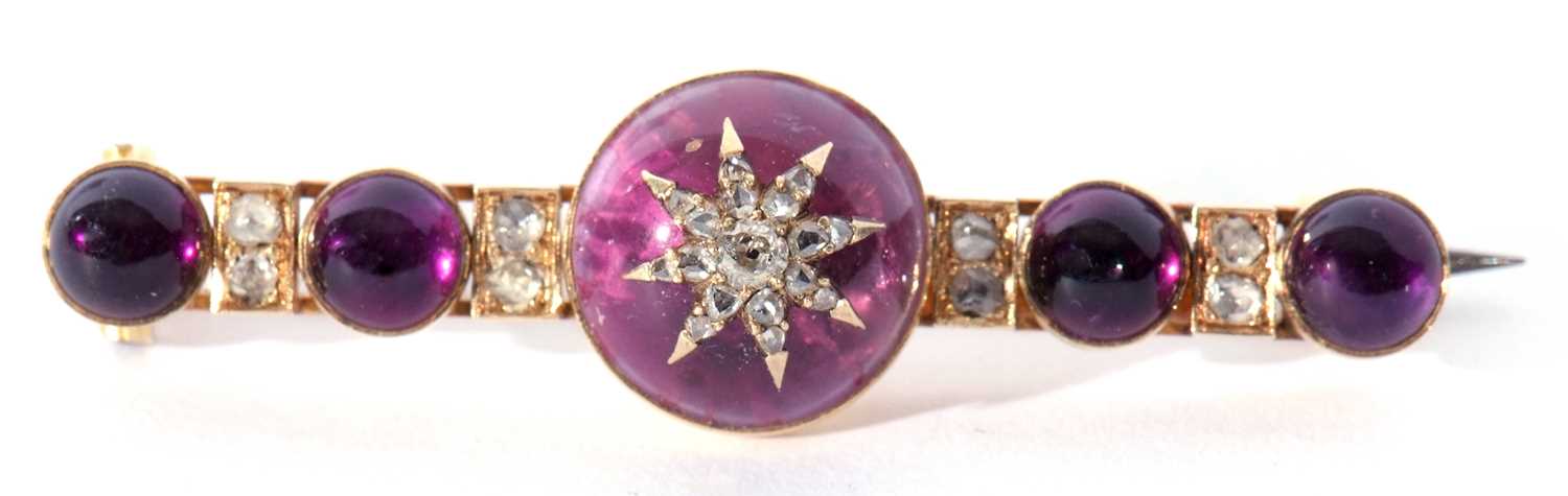 Antique amethyst and diamond set brooch centring a round amethyst cabochon applied with a diamond - Image 2 of 3