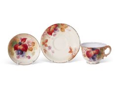 Royal Worcester pin dish painted with blackberries by Kitty Blake, 11cm diam together with a cup and