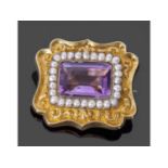 Victorian gold, amethyst and seed pearl brooch, the stepped cut rectangular shaped amethyst within a