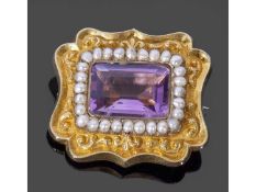 Victorian gold, amethyst and seed pearl brooch, the stepped cut rectangular shaped amethyst within a