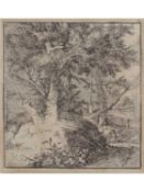 John Crome (British, 1768-1821) A composition, large trees on a mound, Etching on paper. 7x6.5ins,