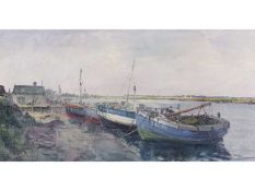 Jack Cox (British, 1914-2007), Fishing boats hauled up at low tide , Oil on board, signed. 16x28ins