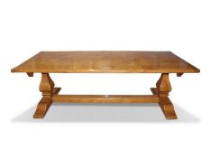 20th century oak refectory dining table, the plank top raised on heavy end supports with central