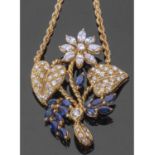 Diamond and sapphire pendant necklace, a floral leaf design, the flowerhead set with marquis and
