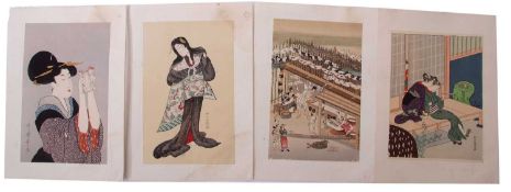 A collection of Late 19th and Early 20th Century Japanese woodblock genre prints, one after