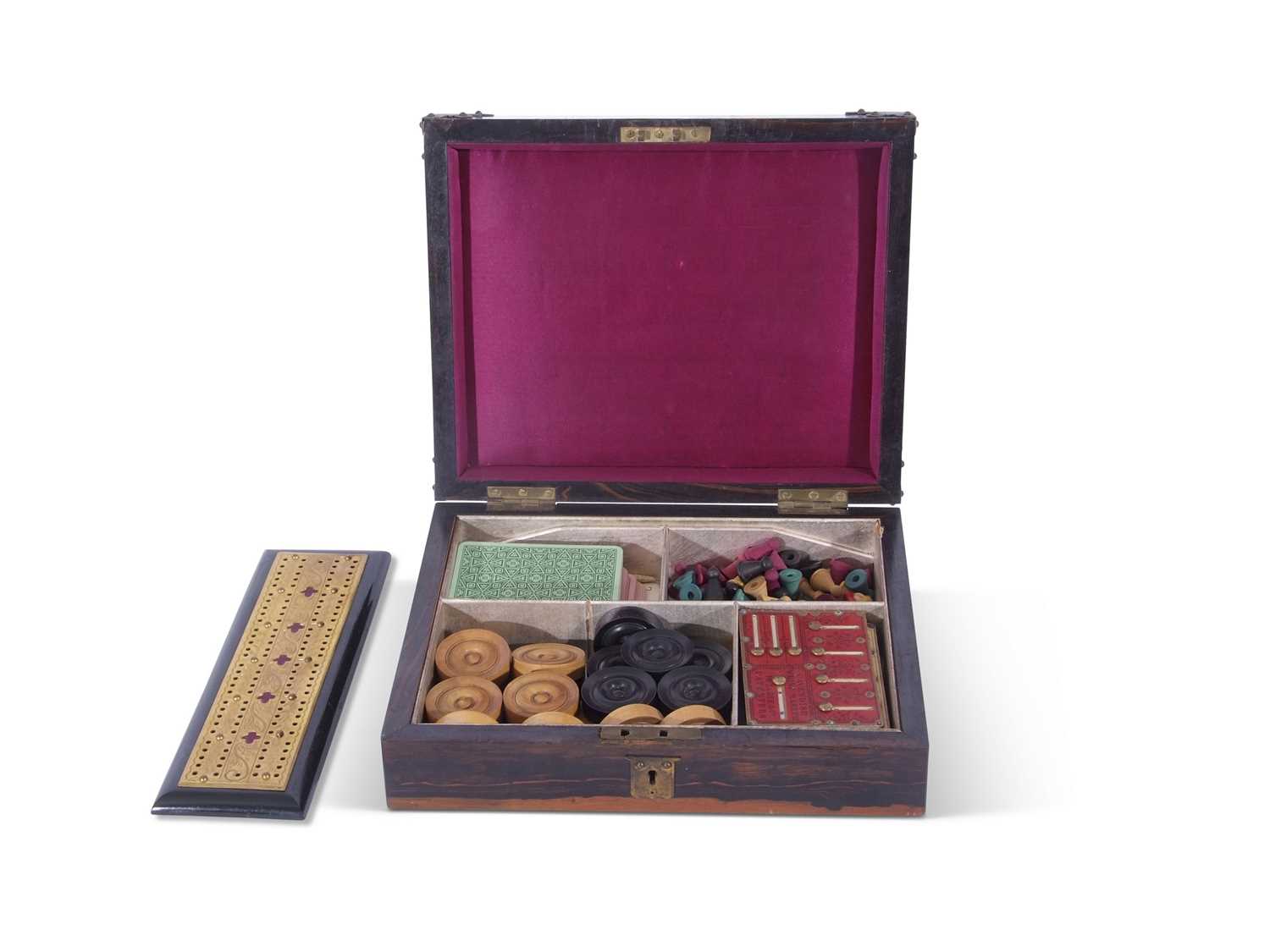 19th century coromandel games box, the lid decorated with brass playing cards and corner mounts, the - Image 2 of 5
