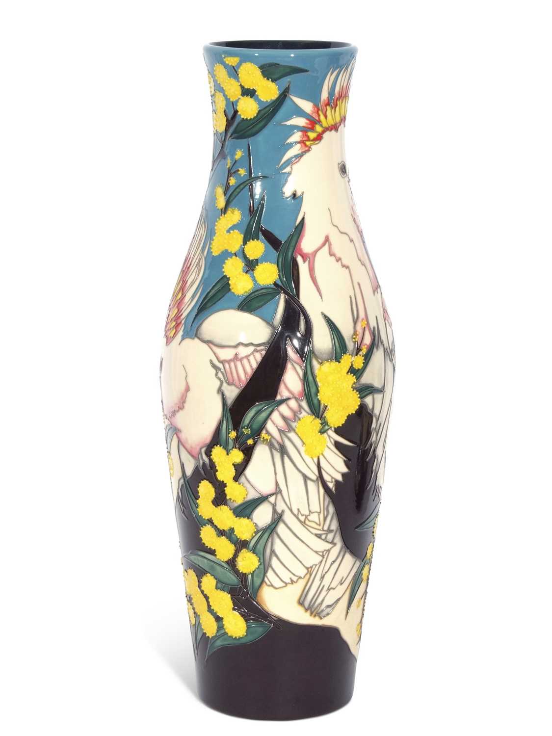 Large Moorcroft trial vase decorated with tube lined decoration of cockatoos amongst foliage, the