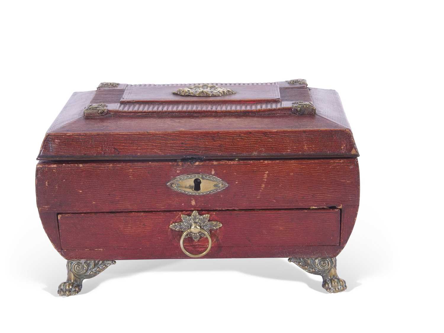 Regency red leather and brass embossed jewel box, hinged lid with silk lined interior, single drawer