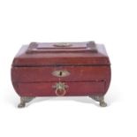 Regency red leather and brass embossed jewel box, hinged lid with silk lined interior, single drawer