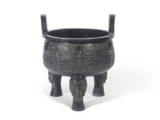 Large Chinese bronze tripod scent Ding censer, the interior with caligraphy, 47 x 47cm