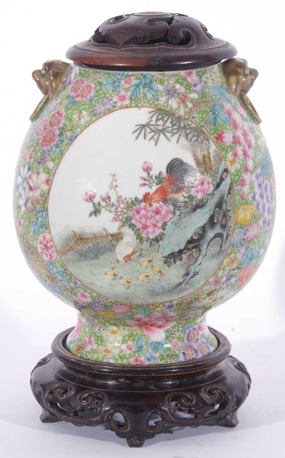 Large Chinese porcelain millefleur vase, of ovoid shape with a panel of famille rose flowers and a - Image 4 of 8