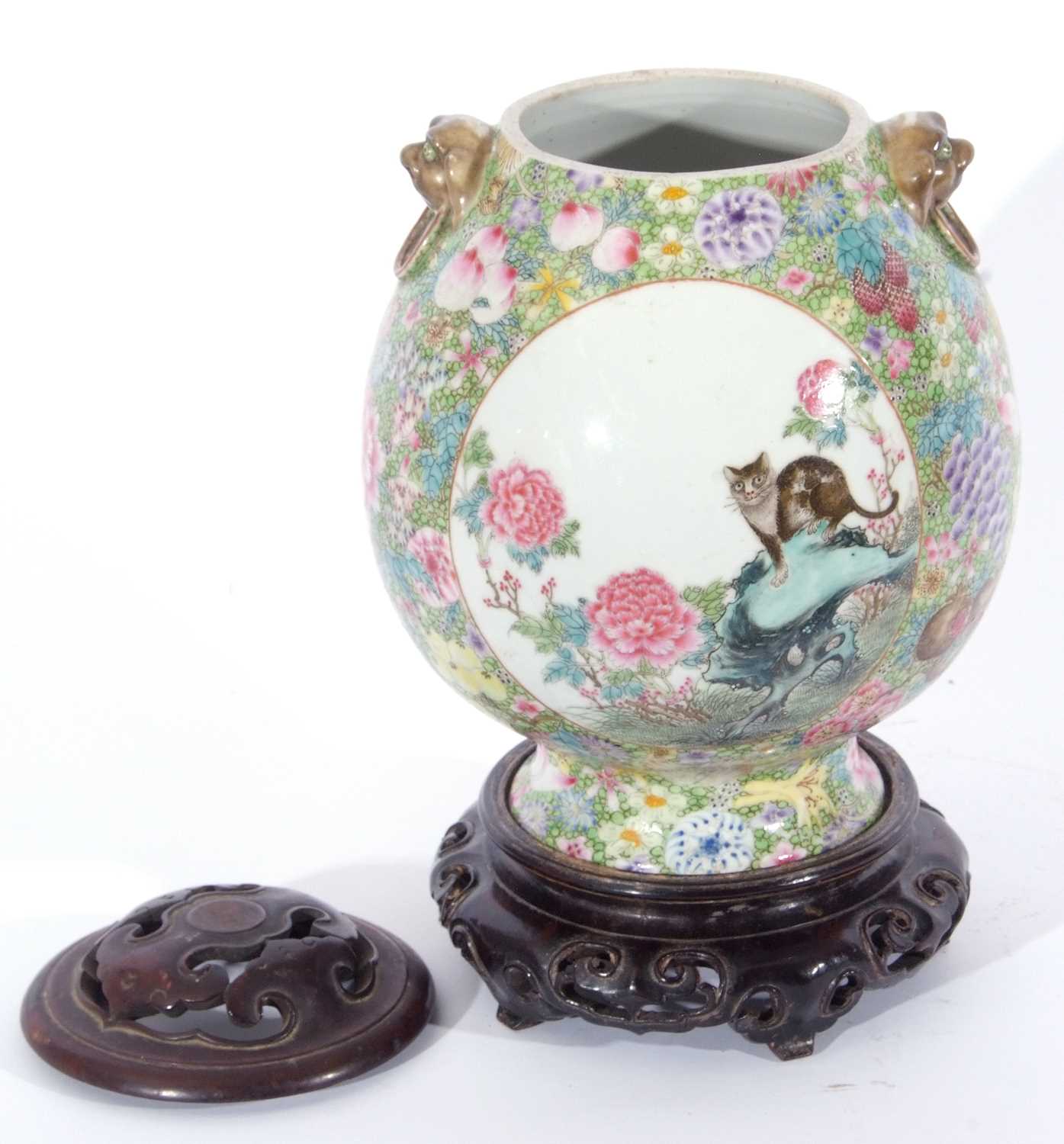 Large Chinese porcelain millefleur vase, of ovoid shape with a panel of famille rose flowers and a - Image 6 of 8