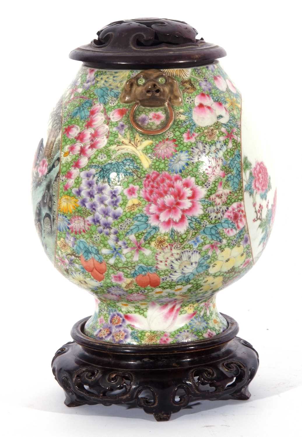 Large Chinese porcelain millefleur vase, of ovoid shape with a panel of famille rose flowers and a - Image 2 of 8