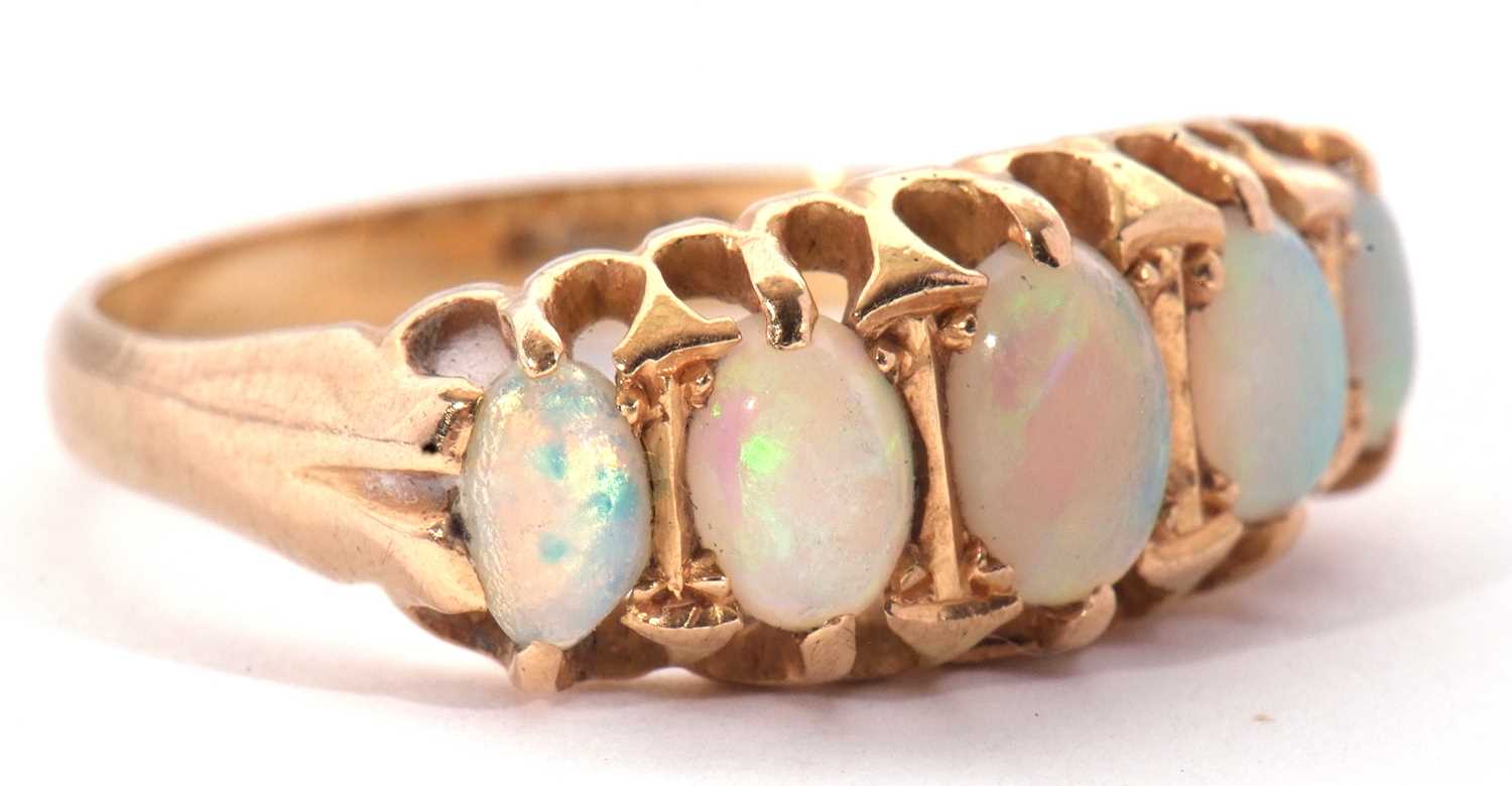 18ct gold five stone opal ring featuring five graduated oval cut cabochon opals, individually claw - Image 13 of 13