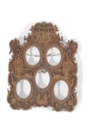 Late Ching dynasty carved wooden photo frame with 5 oval panels surrounded by foliate scrolls and