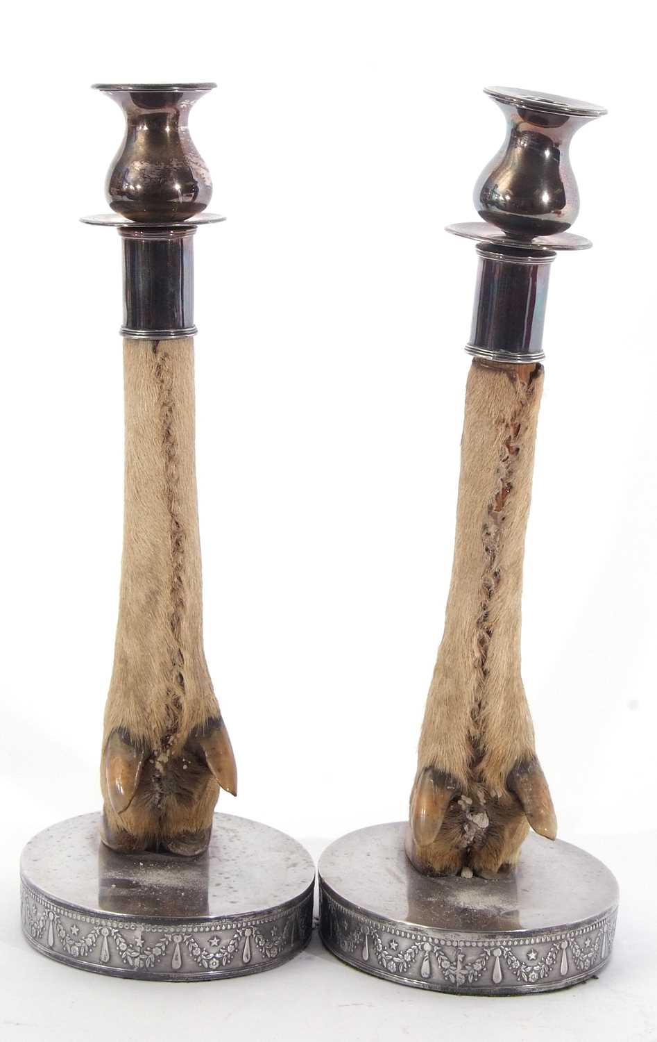 Pair of early 20th century novelty candlesticks, silver plated nozzles and mounts on the lower leg - Image 3 of 4