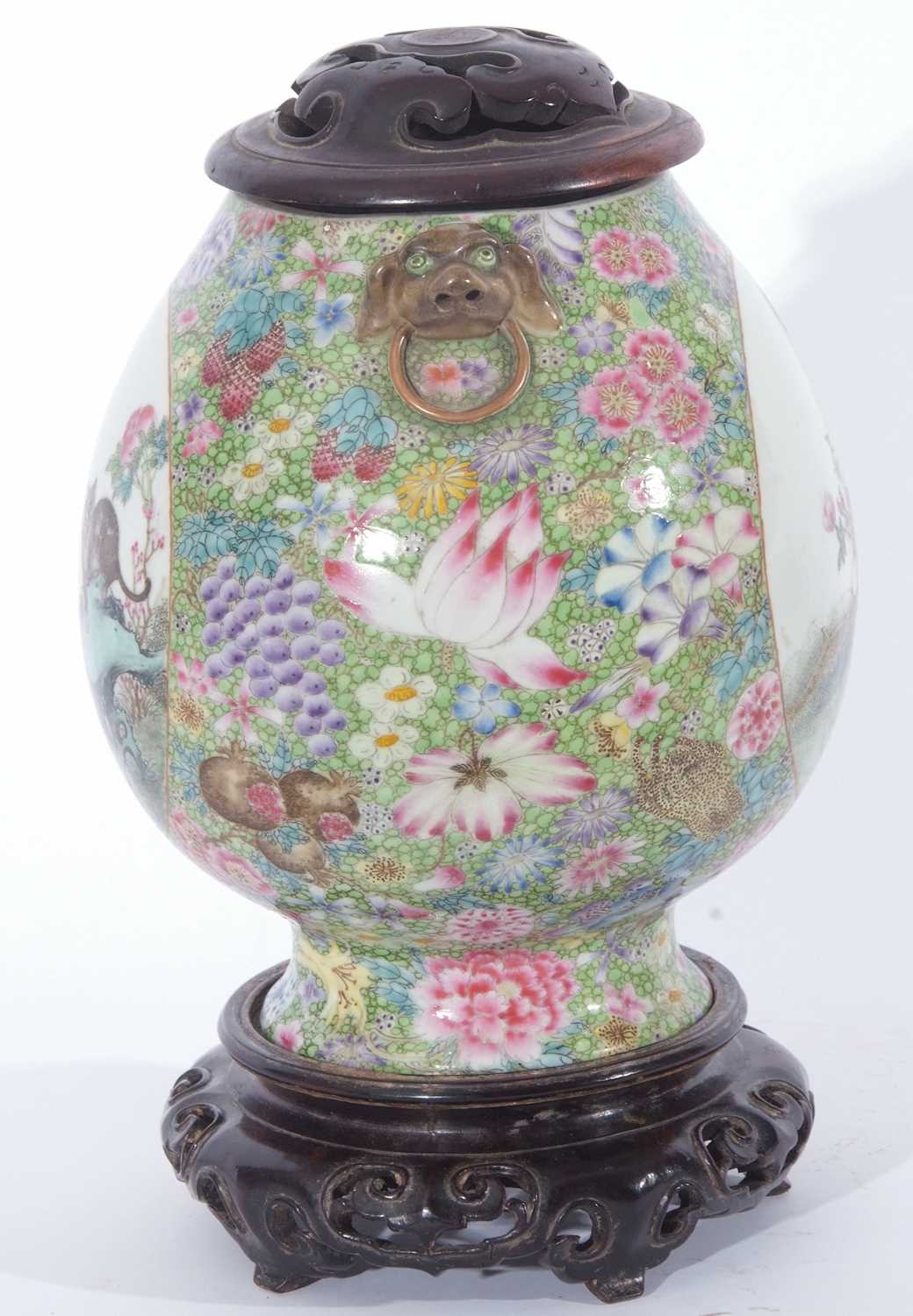 Large Chinese porcelain millefleur vase, of ovoid shape with a panel of famille rose flowers and a - Image 5 of 8