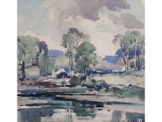 Albert Charles Ribbans (British, 1903-1966), River landscape with a cottage on a hill , Watercolour,