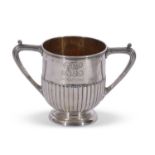 Heavy quality Victorian two-handled silver trophy cup in the style of a loving cup with half