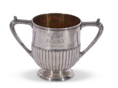 Heavy quality Victorian two-handled silver trophy cup in the style of a loving cup with half