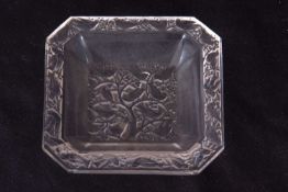 Lalique pin dish with moulded design of flowers, with original box, 9cm diam