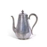 Victorian silver coffee pot of tapering baluster form, hollow looped handle, curved spout, Arabesque