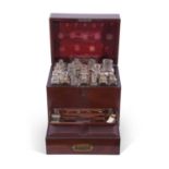 19th century mahogany travelling apothecary case of hinged rectangular form containing a selection