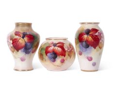 Group of three Royal Worcester vases, all decorated with blackberries, signed by Kitty Blake,