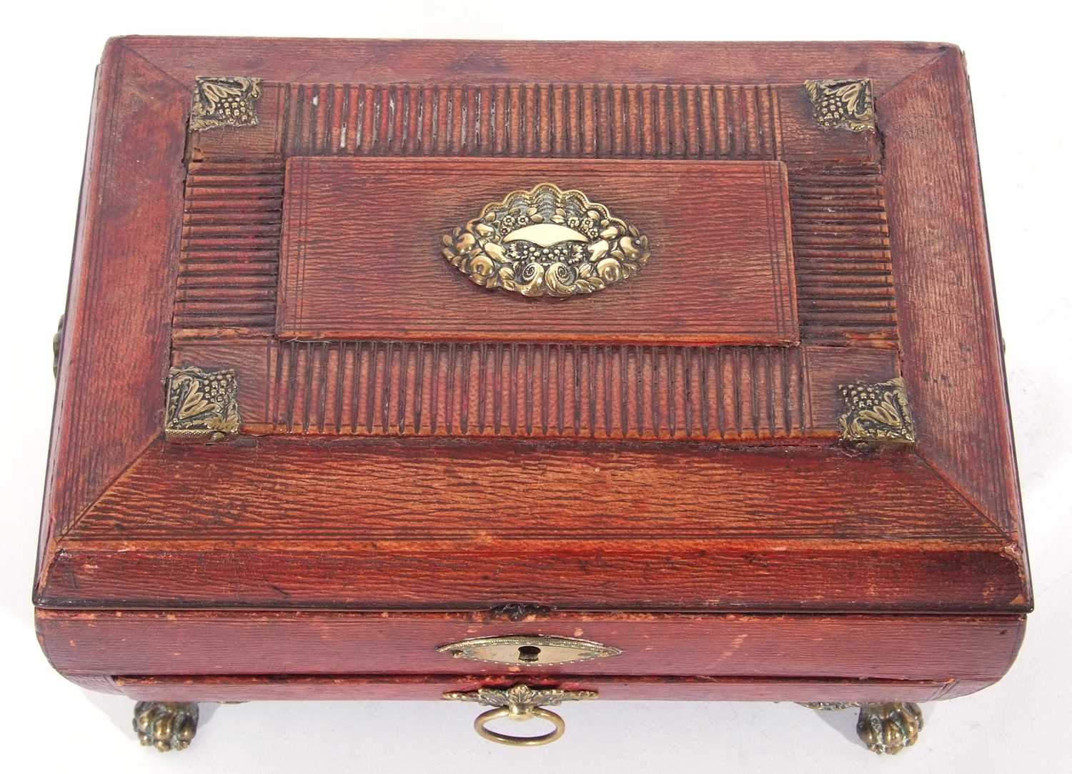 Regency red leather and brass embossed jewel box, hinged lid with silk lined interior, single drawer - Image 5 of 11