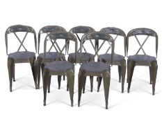 Set of seven vintage Evertaut industrial green painted stacking metal chairs, with green painted