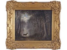 English School, 19th Century, A lone fawn under the moonlight , Oil on canvas, indistinctly