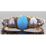Antique turquoise, pearl and diamond ring centring an oval cabochon turquoise between two grey