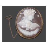 Victorian carved shell cameo brooch of oval form depicting the personification of Night, with