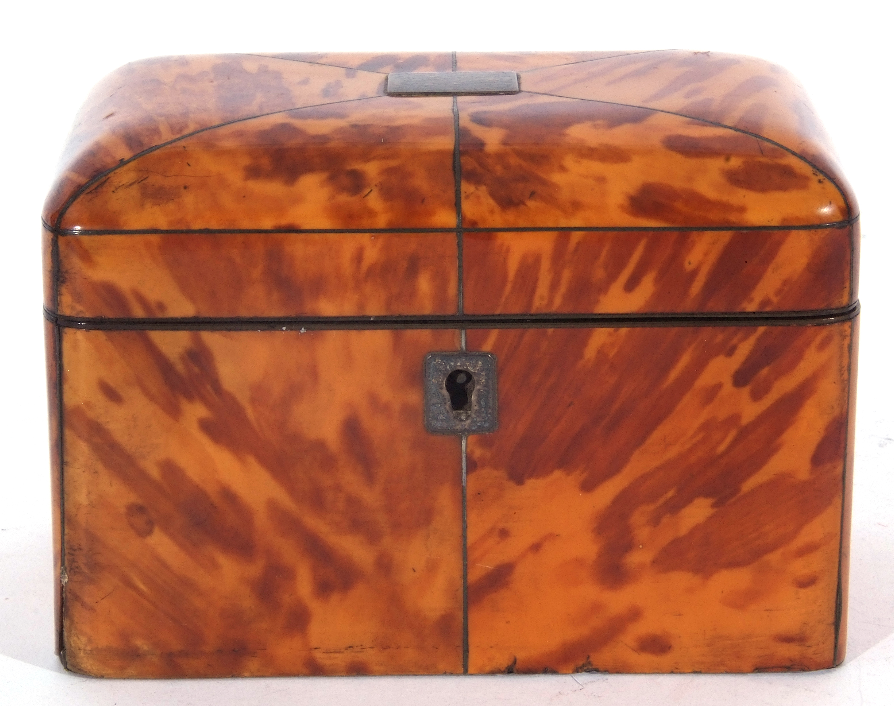 Mid-19th century tortoiseshell veneered tea caddy with pewter divisional inlays, the lid opening - Image 7 of 11