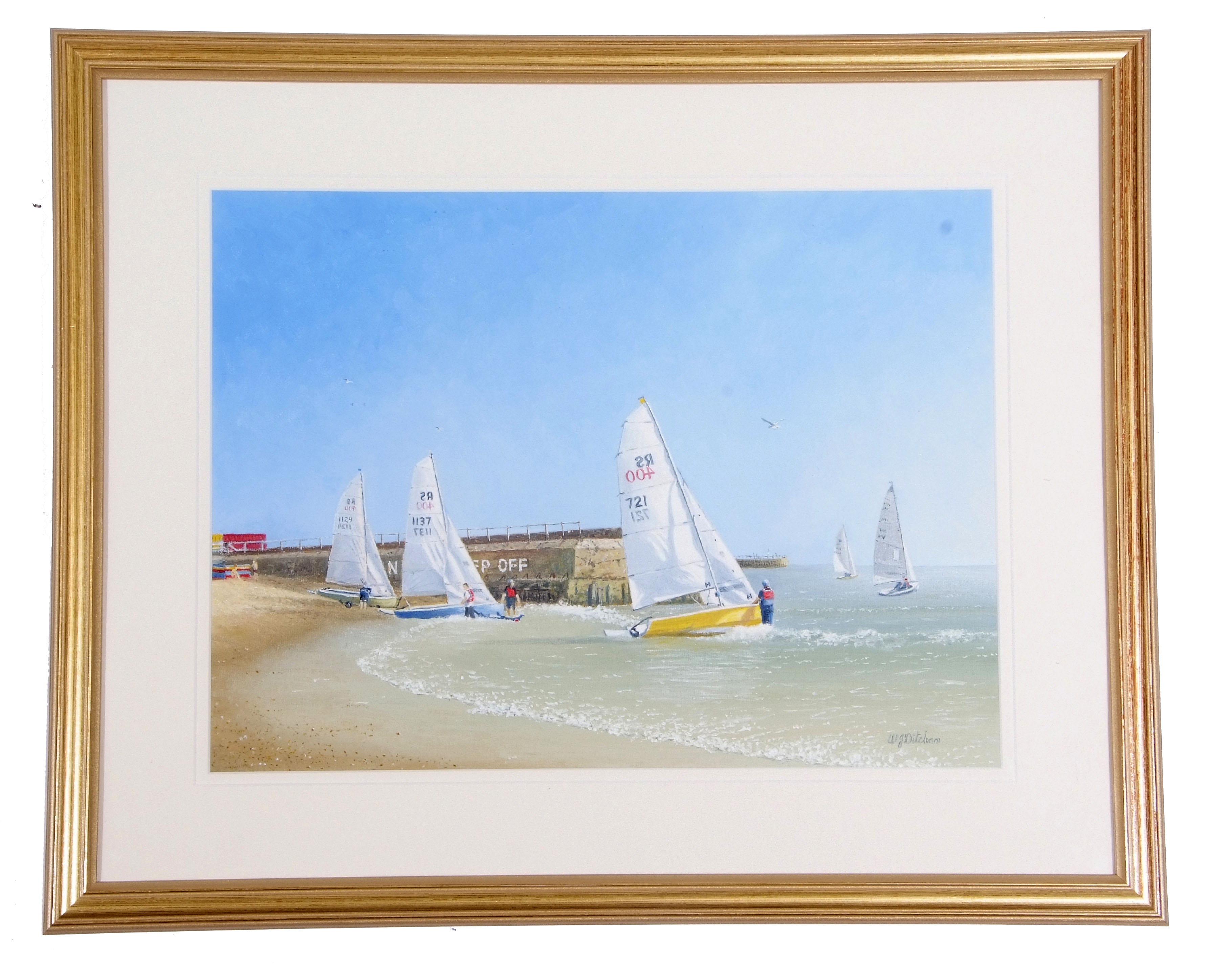 William Ditcham (British Contemporary) Sunday Launch at Gorleston Beach , Oil on canvas, signed. - Image 2 of 2