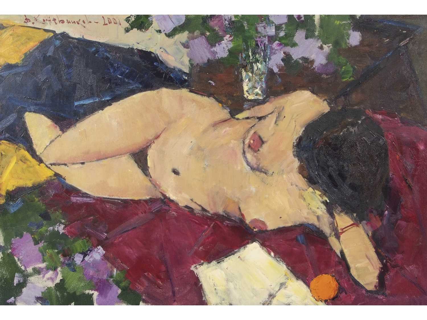 Russian School, Contemporary, A Reclining Female Nude , Oil on canvas, indistinctly signed.