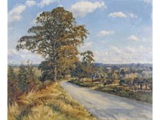 Wilfred Pettitt (British, 1904-1978), A country lane under blue sky , Oil on canvas, signed. 20x23.