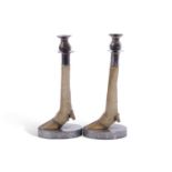 Pair of early 20th century novelty candlesticks, silver plated nozzles and mounts on the lower leg