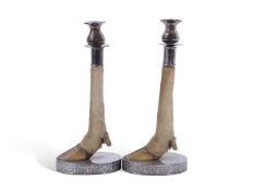 Pair of early 20th century novelty candlesticks, silver plated nozzles and mounts on the lower leg