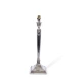 Large late Victorian silver encased table lamp in Adam style, the sloped square loaded base with