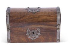 Victorian walnut and metal mounted scent bottle casket with riveted style decoration to the metal