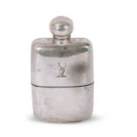 Edwardian silver spirit flask of curved rectangular form with detachable beaker base bearing a